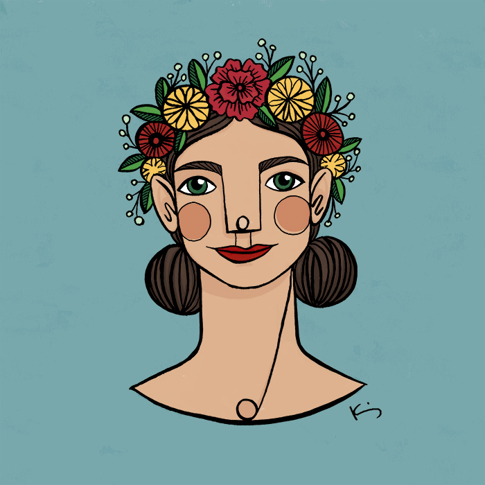 Illustration of a girl wearing a flower crown. © 2020, Kim Bonner